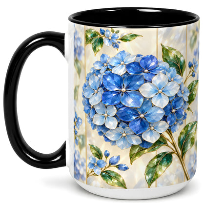 #pl[15oz|Black] Faceted Blue Hydrangea Coffee Mug, Floral Art Mug, Ceramic Cup