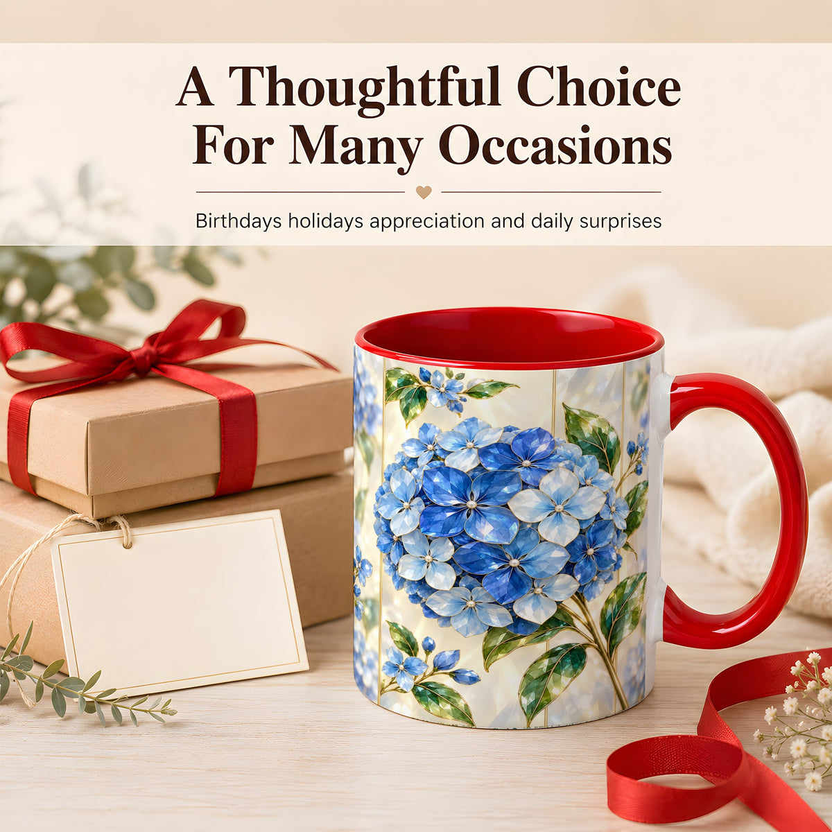 #pl[11oz|Red] Faceted Blue Hydrangea Coffee Mug, Floral Art Mug, Ceramic Cup