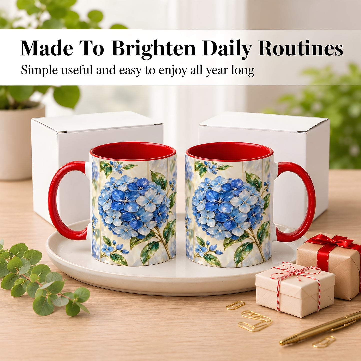 #pl[11oz|Red] Faceted Blue Hydrangea Coffee Mug, Floral Art Mug, Ceramic Cup