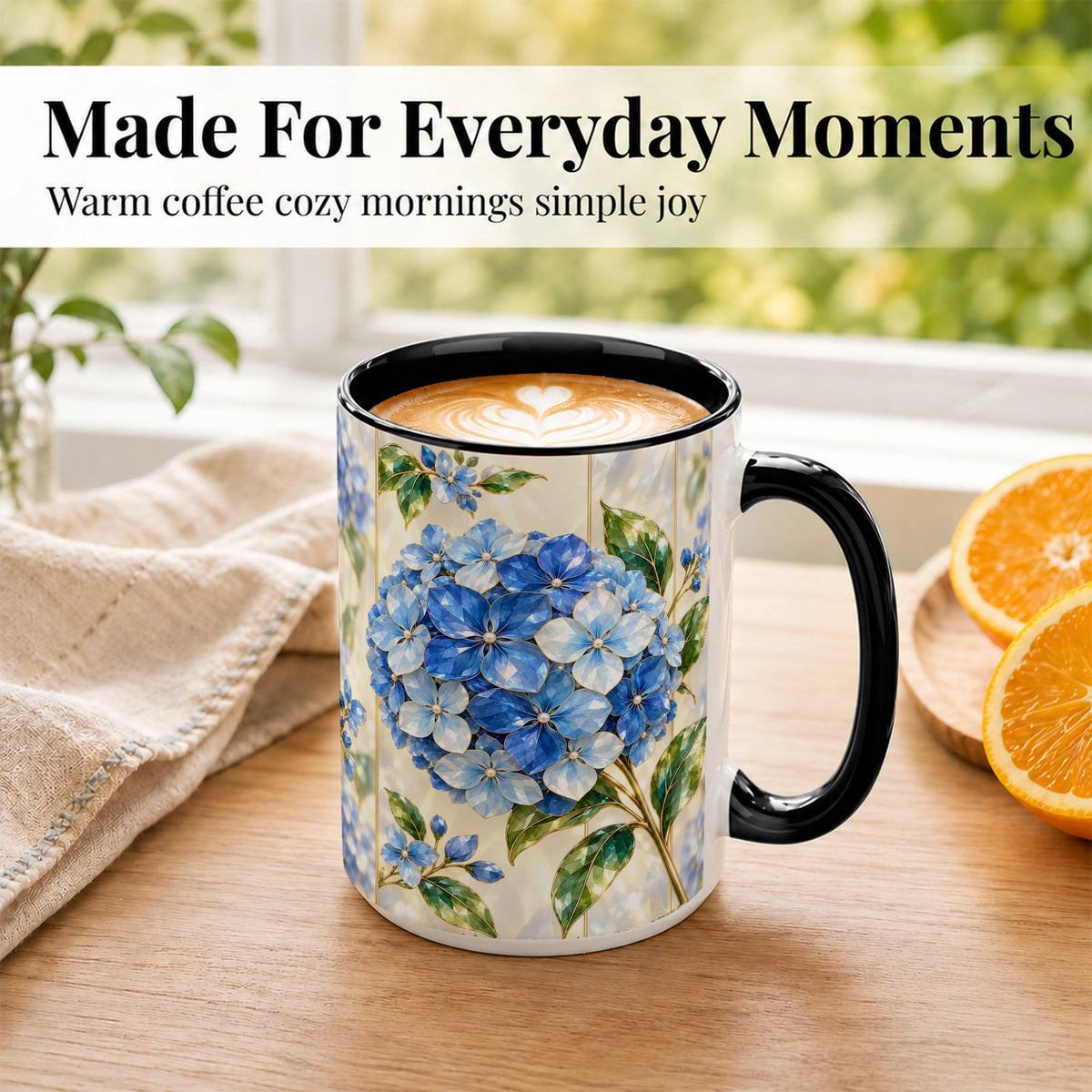 #pl[15oz|Black] Faceted Blue Hydrangea Coffee Mug, Floral Art Mug, Ceramic Cup