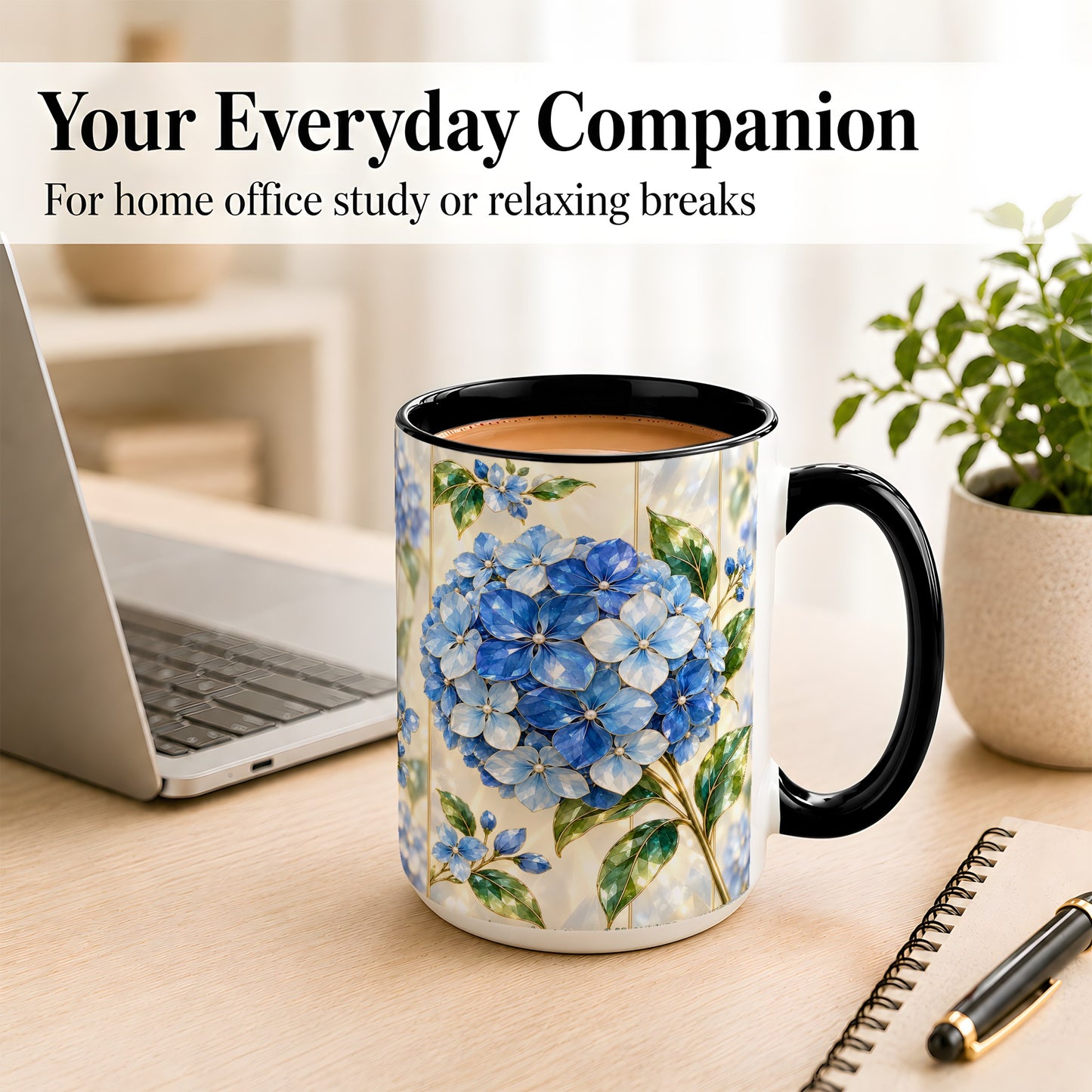#pl[15oz|Black] Faceted Blue Hydrangea Coffee Mug, Floral Art Mug, Ceramic Cup