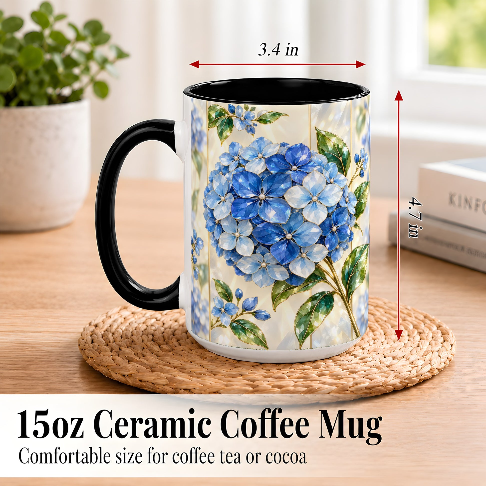 #pl[15oz|Black] Faceted Blue Hydrangea Coffee Mug, Floral Art Mug, Ceramic Cup