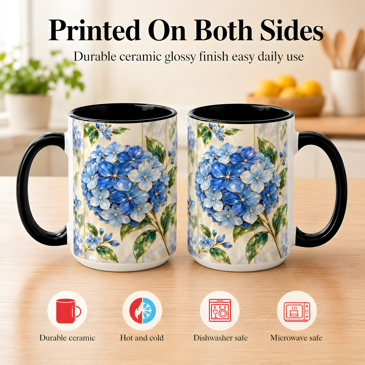 #pl[15oz|Black] Faceted Blue Hydrangea Coffee Mug, Floral Art Mug, Ceramic Cup
