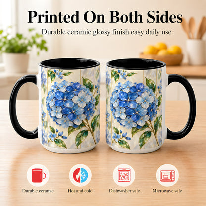 #pl[15oz|Black] Faceted Blue Hydrangea Coffee Mug, Floral Art Mug, Ceramic Cup