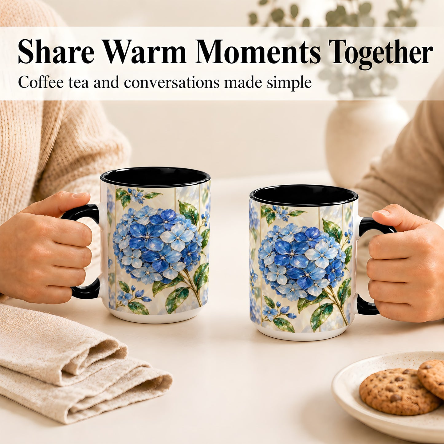 #pl[15oz|Black] Faceted Blue Hydrangea Coffee Mug, Floral Art Mug, Ceramic Cup