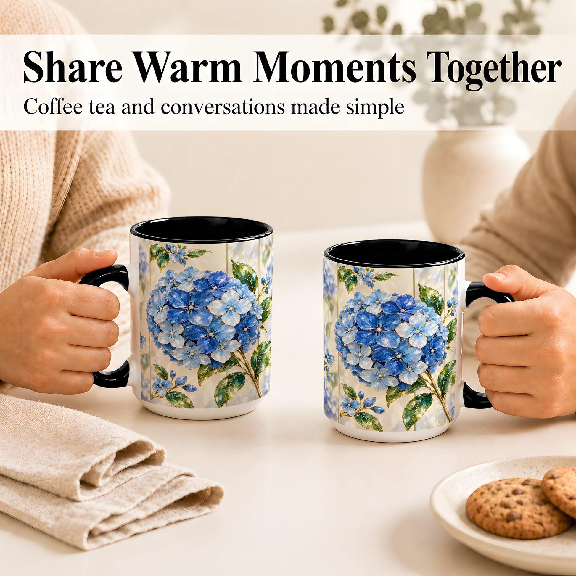 #pl[15oz|Black] Faceted Blue Hydrangea Coffee Mug, Floral Art Mug, Ceramic Cup