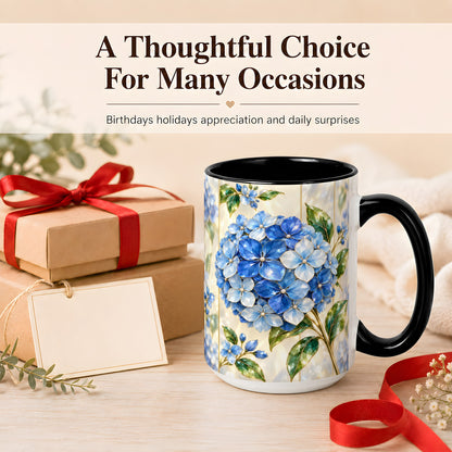 #pl[15oz|Black] Faceted Blue Hydrangea Coffee Mug, Floral Art Mug, Ceramic Cup