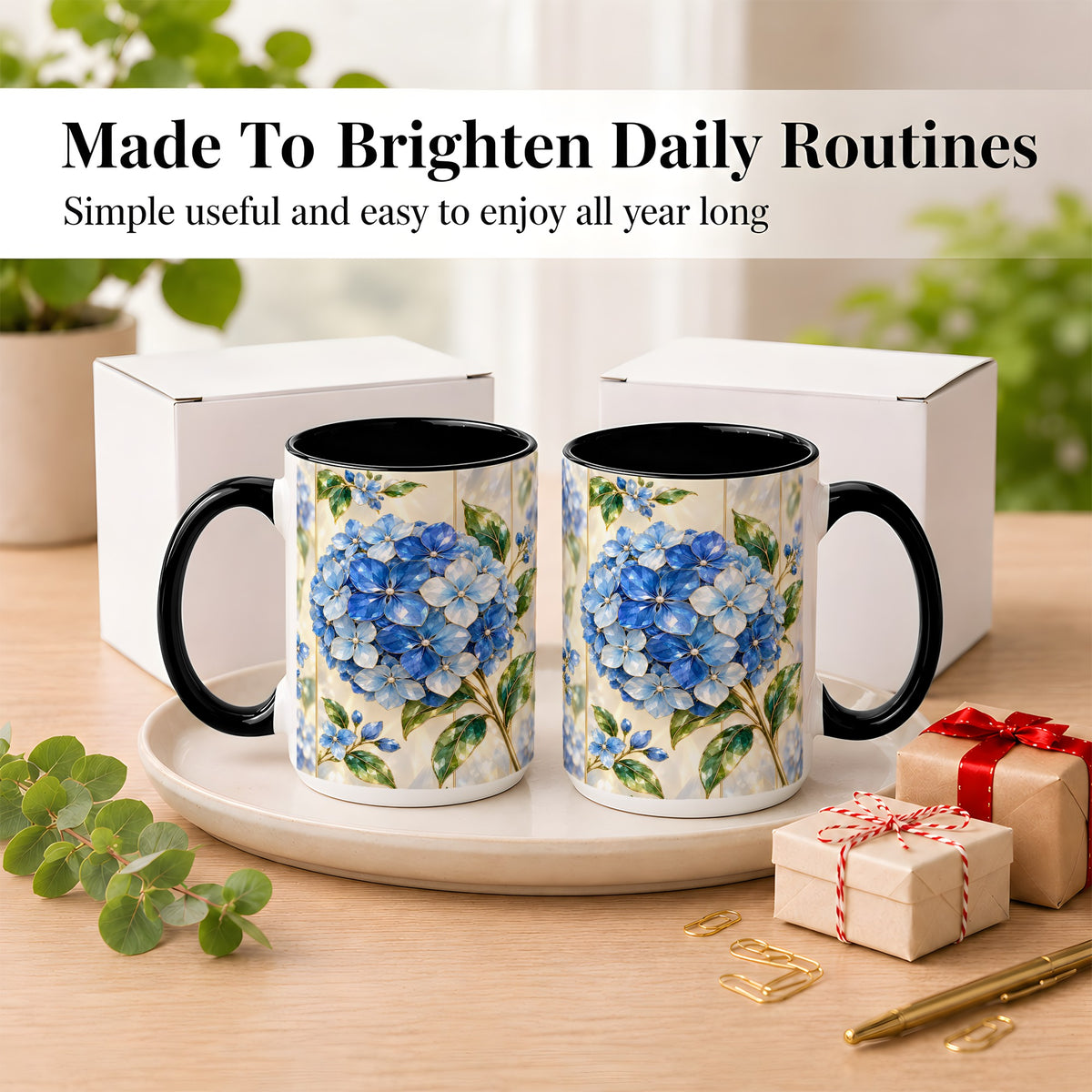 #pl[15oz|Black] Faceted Blue Hydrangea Coffee Mug, Floral Art Mug, Ceramic Cup