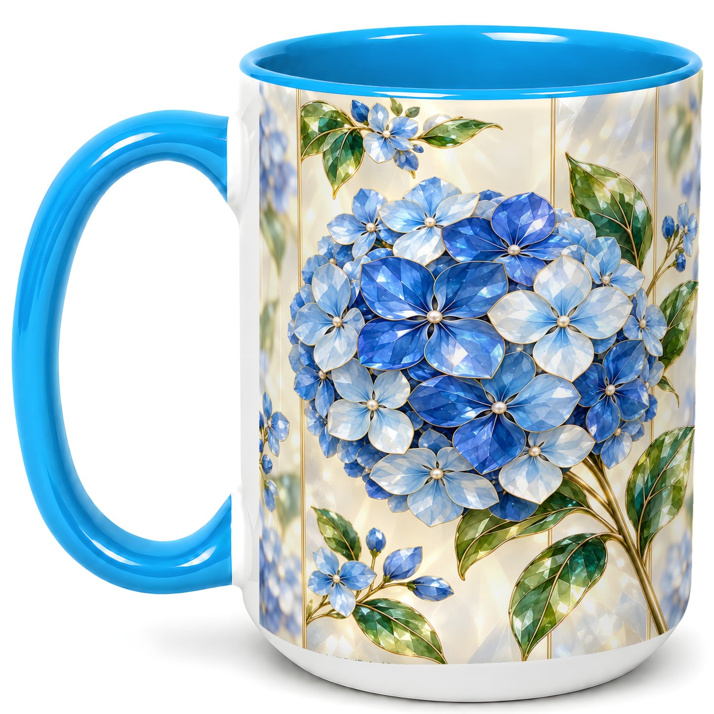 #pl[15oz|Blue] Faceted Blue Hydrangea Coffee Mug, Floral Art Mug, Ceramic Cup