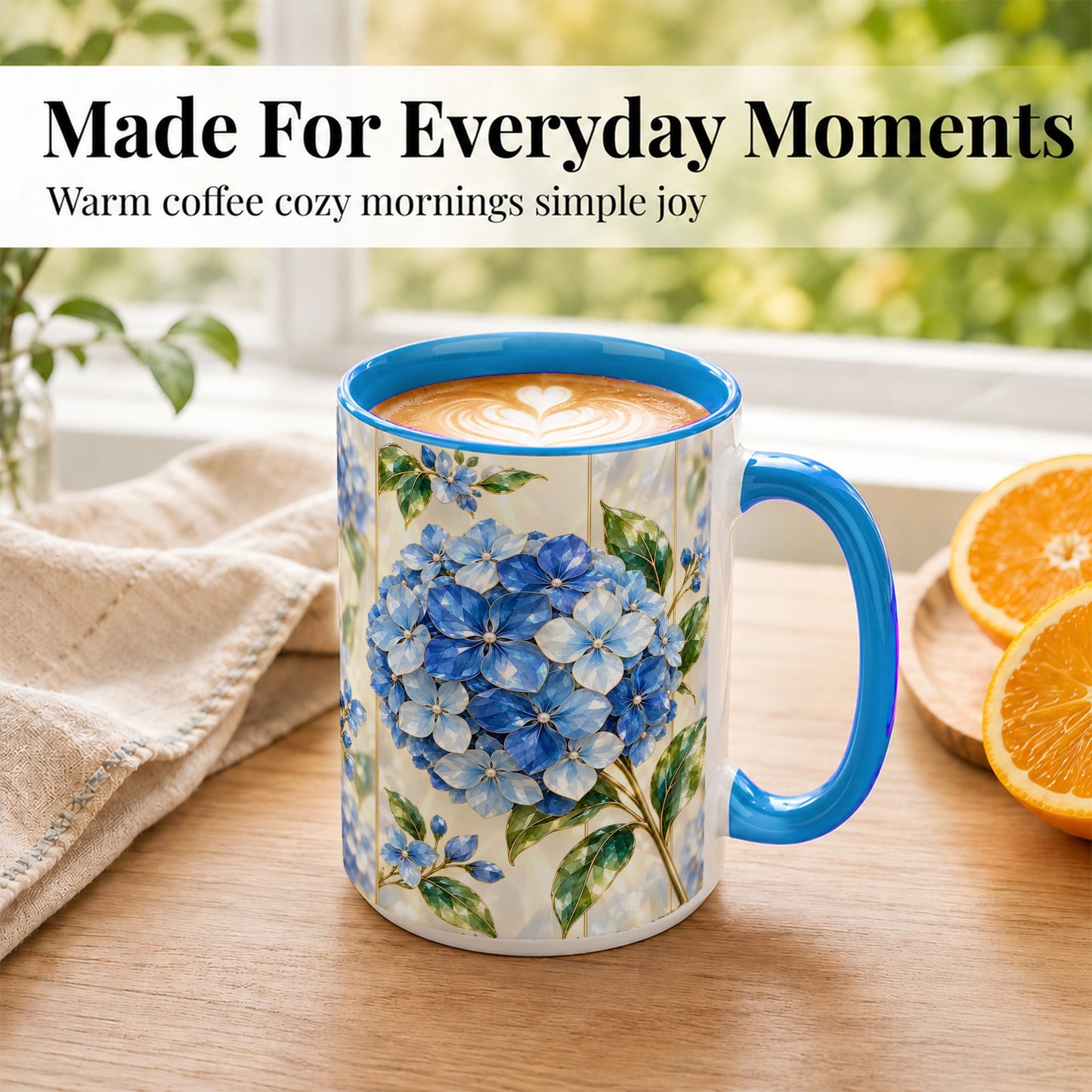 #pl[15oz|Blue] Faceted Blue Hydrangea Coffee Mug, Floral Art Mug, Ceramic Cup