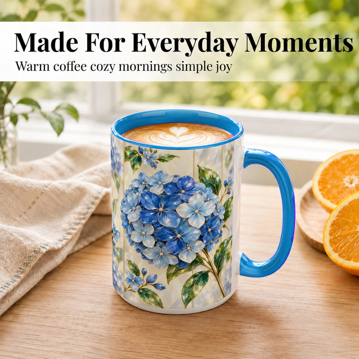 #pl[15oz|Blue] Faceted Blue Hydrangea Coffee Mug, Floral Art Mug, Ceramic Cup