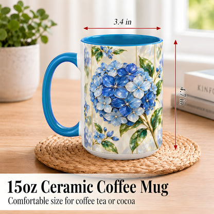 #pl[15oz|Blue] Faceted Blue Hydrangea Coffee Mug, Floral Art Mug, Ceramic Cup