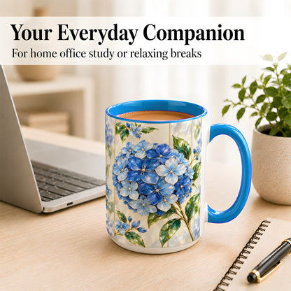 #pl[15oz|Blue] Faceted Blue Hydrangea Coffee Mug, Floral Art Mug, Ceramic Cup