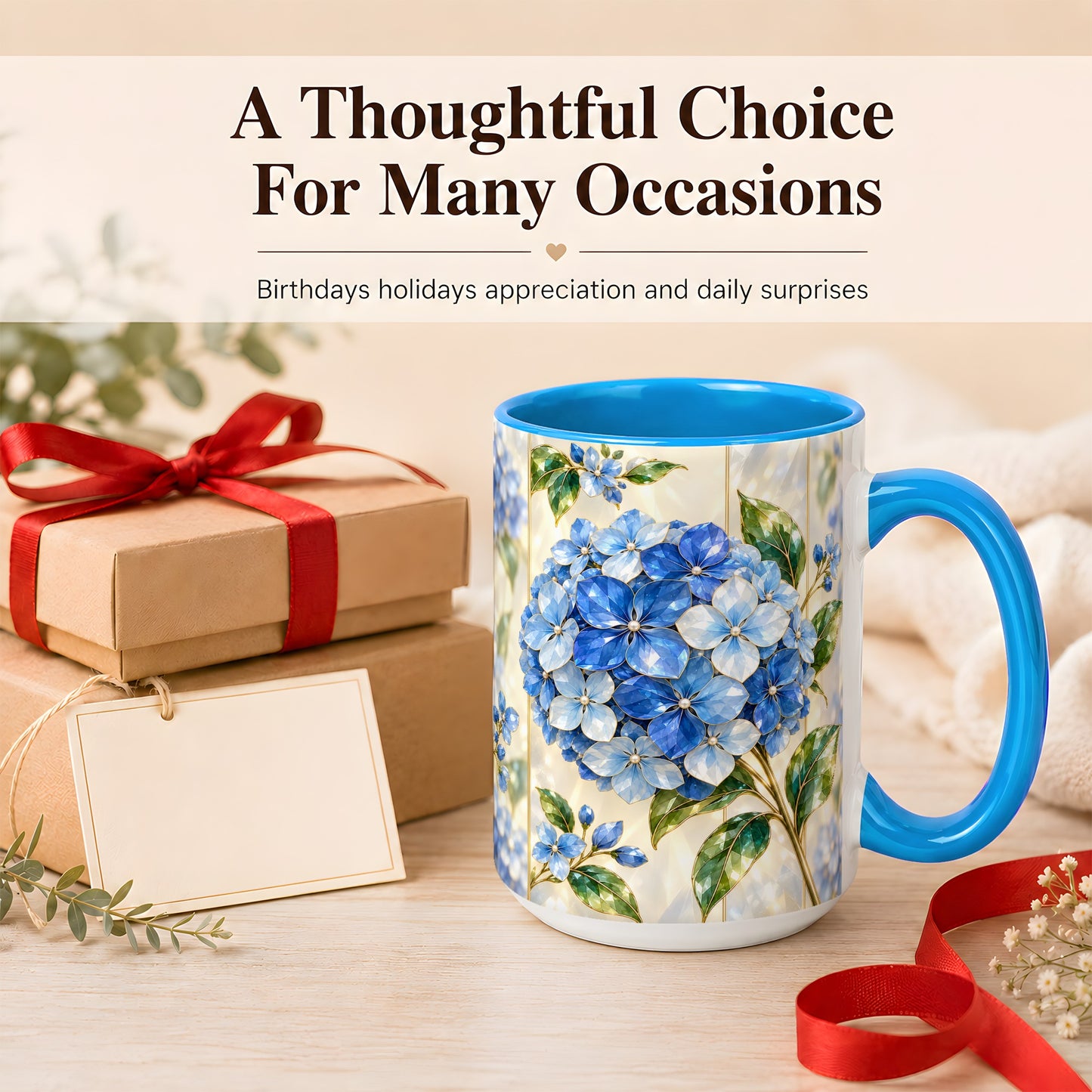 #pl[15oz|Blue] Faceted Blue Hydrangea Coffee Mug, Floral Art Mug, Ceramic Cup