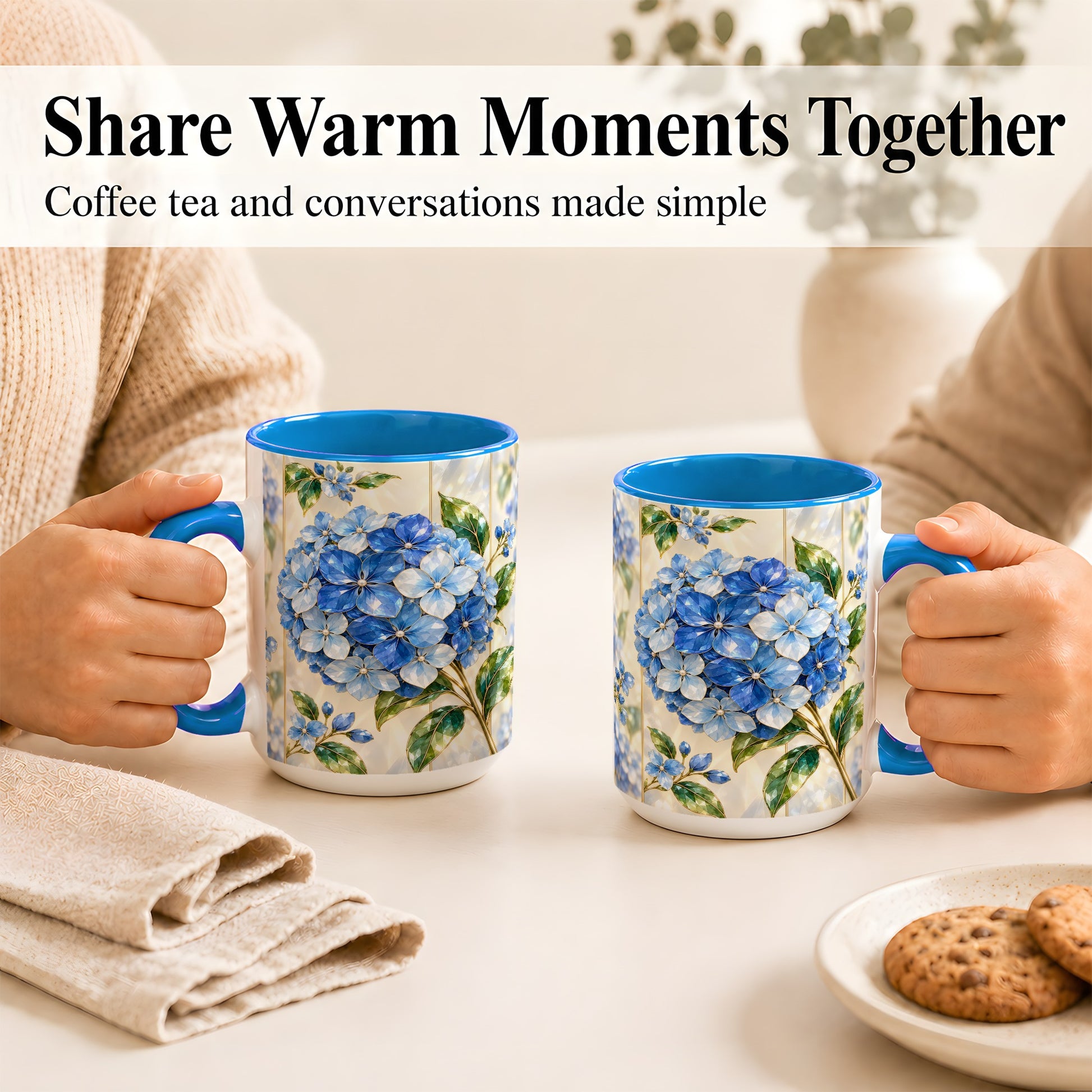 #pl[15oz|Blue] Faceted Blue Hydrangea Coffee Mug, Floral Art Mug, Ceramic Cup