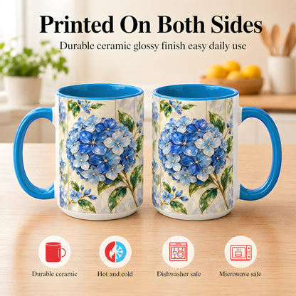 #pl[15oz|Blue] Faceted Blue Hydrangea Coffee Mug, Floral Art Mug, Ceramic Cup