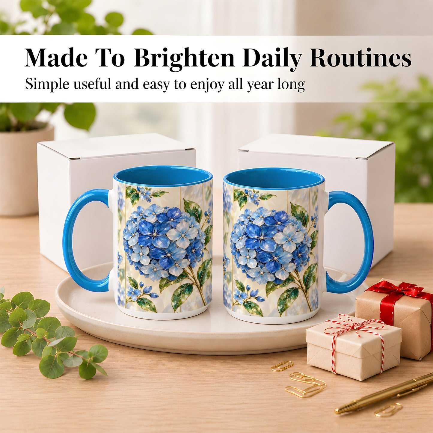 #pl[15oz|Blue] Faceted Blue Hydrangea Coffee Mug, Floral Art Mug, Ceramic Cup