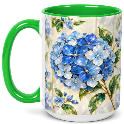 #pl[15oz|Green] Faceted Blue Hydrangea Coffee Mug, Floral Art Mug, Ceramic Cup