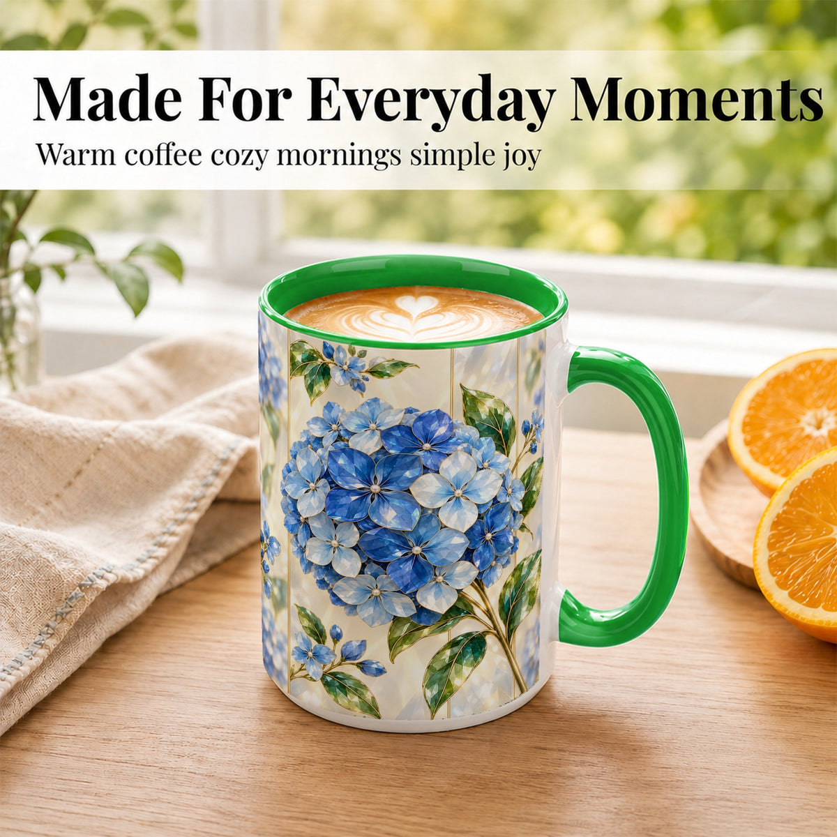#pl[15oz|Green] Faceted Blue Hydrangea Coffee Mug, Floral Art Mug, Ceramic Cup