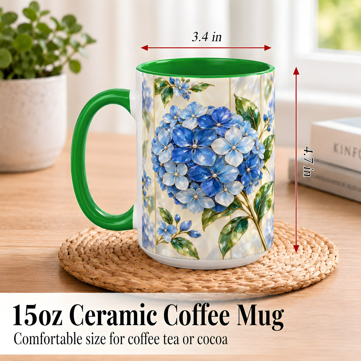 #pl[15oz|Green] Faceted Blue Hydrangea Coffee Mug, Floral Art Mug, Ceramic Cup