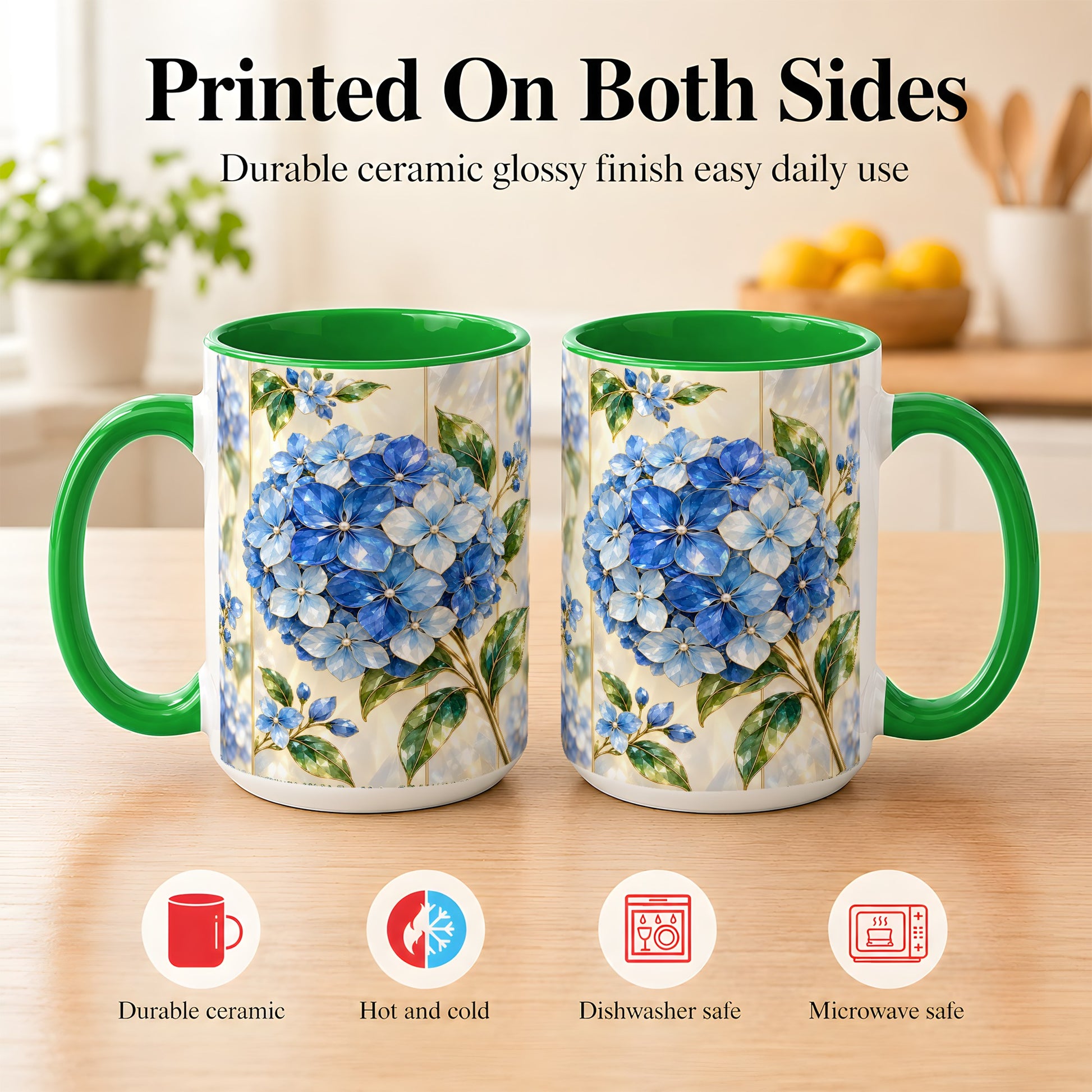 #pl[15oz|Green] Faceted Blue Hydrangea Coffee Mug, Floral Art Mug, Ceramic Cup