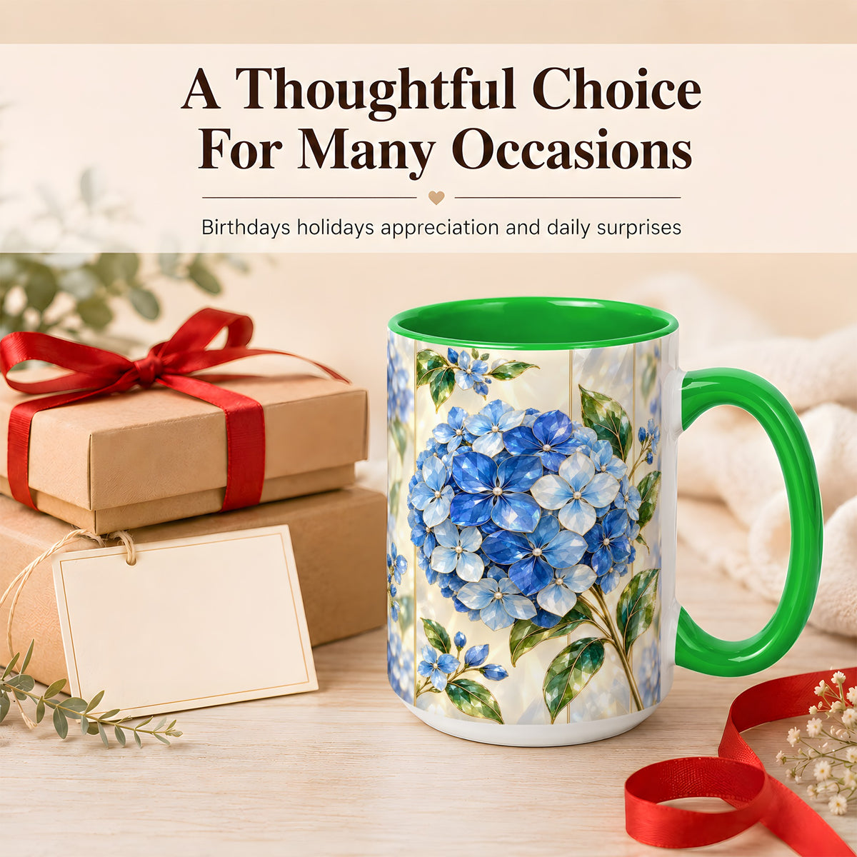 #pl[15oz|Green] Faceted Blue Hydrangea Coffee Mug, Floral Art Mug, Ceramic Cup