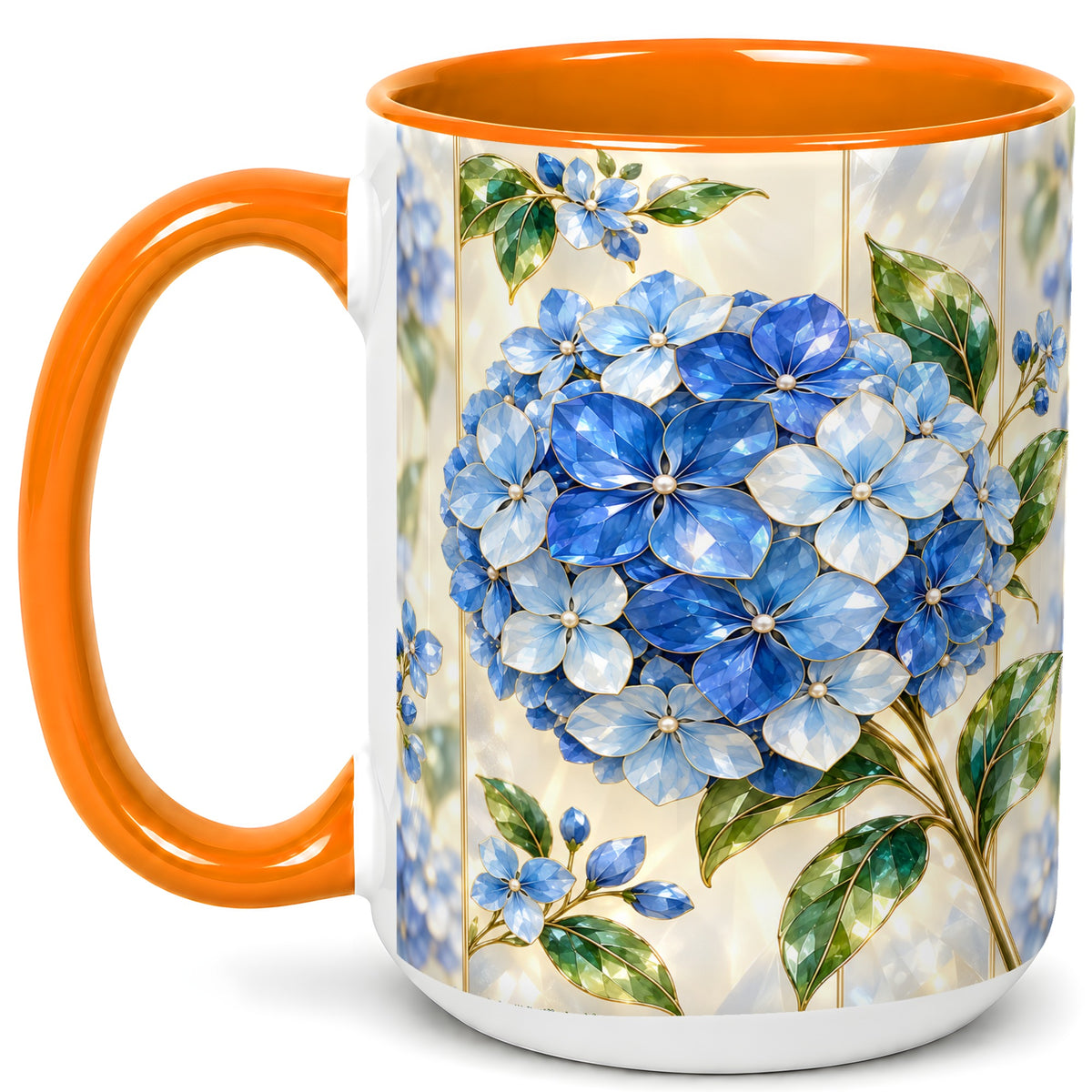 #pl[15oz|Orange] Faceted Blue Hydrangea Coffee Mug, Floral Art Mug, Ceramic Cup
