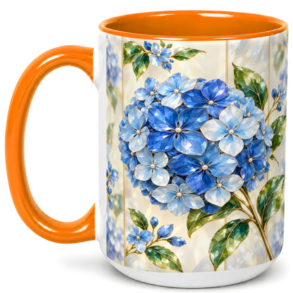 #pl[15oz|Orange] Faceted Blue Hydrangea Coffee Mug, Floral Art Mug, Ceramic Cup