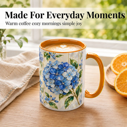 #pl[15oz|Orange] Faceted Blue Hydrangea Coffee Mug, Floral Art Mug, Ceramic Cup