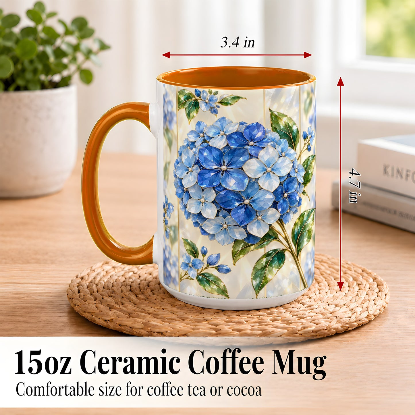 #pl[15oz|Orange] Faceted Blue Hydrangea Coffee Mug, Floral Art Mug, Ceramic Cup