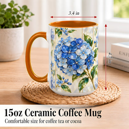 #pl[15oz|Orange] Faceted Blue Hydrangea Coffee Mug, Floral Art Mug, Ceramic Cup