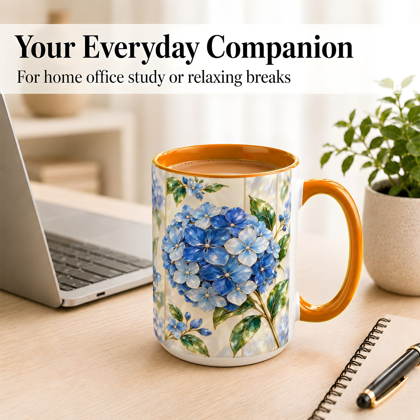 #pl[15oz|Orange] Faceted Blue Hydrangea Coffee Mug, Floral Art Mug, Ceramic Cup