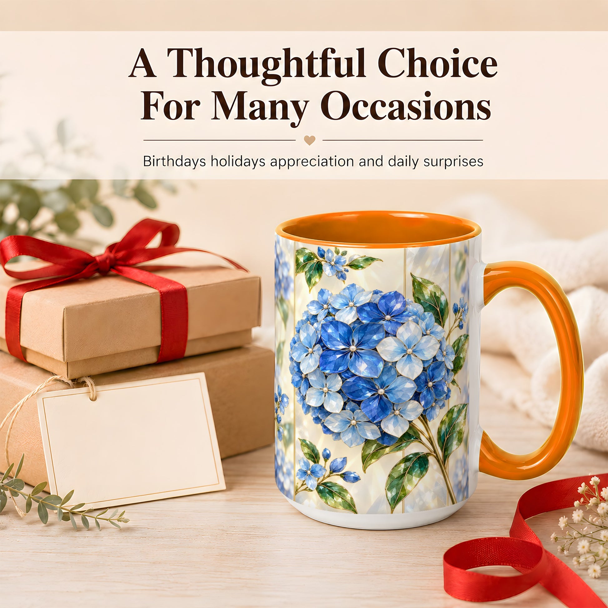 #pl[15oz|Orange] Faceted Blue Hydrangea Coffee Mug, Floral Art Mug, Ceramic Cup
