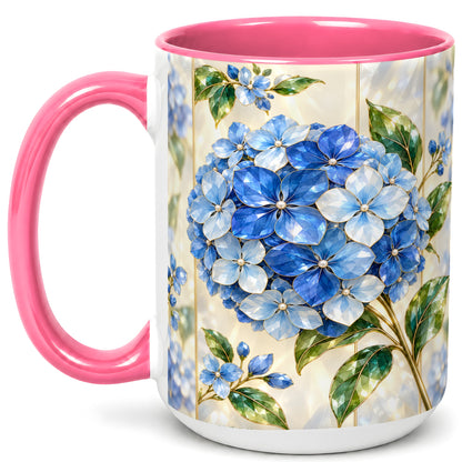 #pl[15oz|Pink] Faceted Blue Hydrangea Coffee Mug, Floral Art Mug, Ceramic Cup