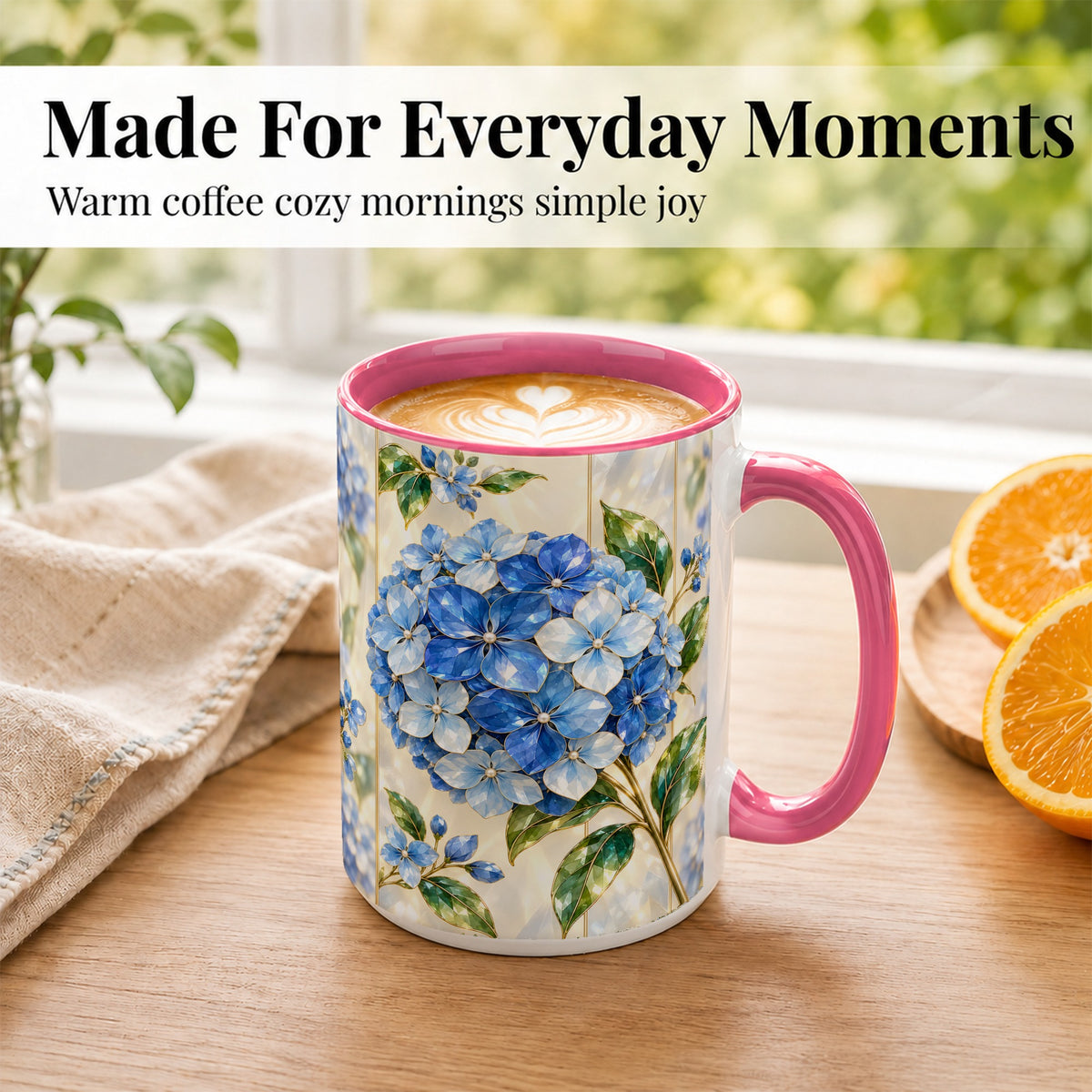 #pl[15oz|Pink] Faceted Blue Hydrangea Coffee Mug, Floral Art Mug, Ceramic Cup