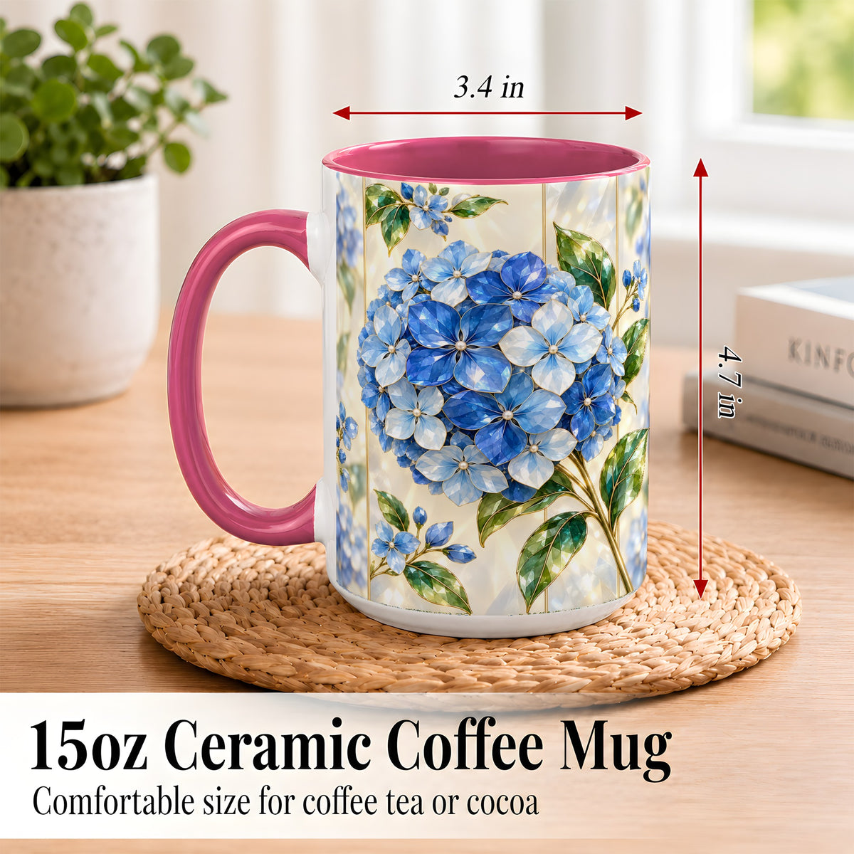#pl[15oz|Pink] Faceted Blue Hydrangea Coffee Mug, Floral Art Mug, Ceramic Cup