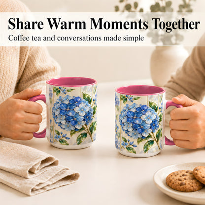 #pl[15oz|Pink] Faceted Blue Hydrangea Coffee Mug, Floral Art Mug, Ceramic Cup