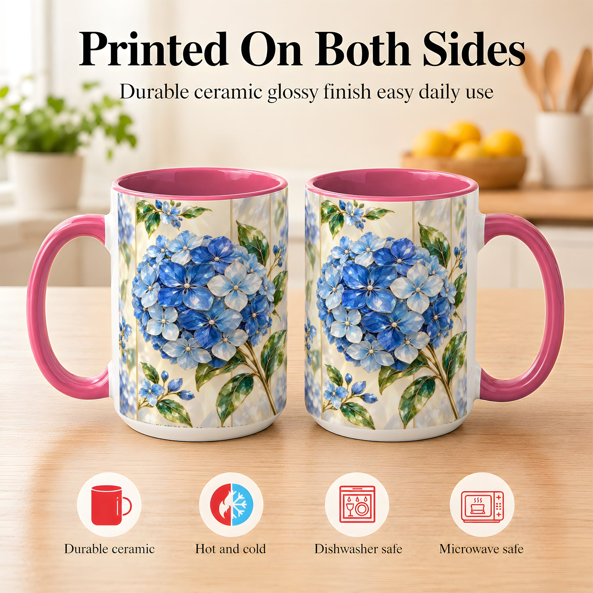 #pl[15oz|Pink] Faceted Blue Hydrangea Coffee Mug, Floral Art Mug, Ceramic Cup