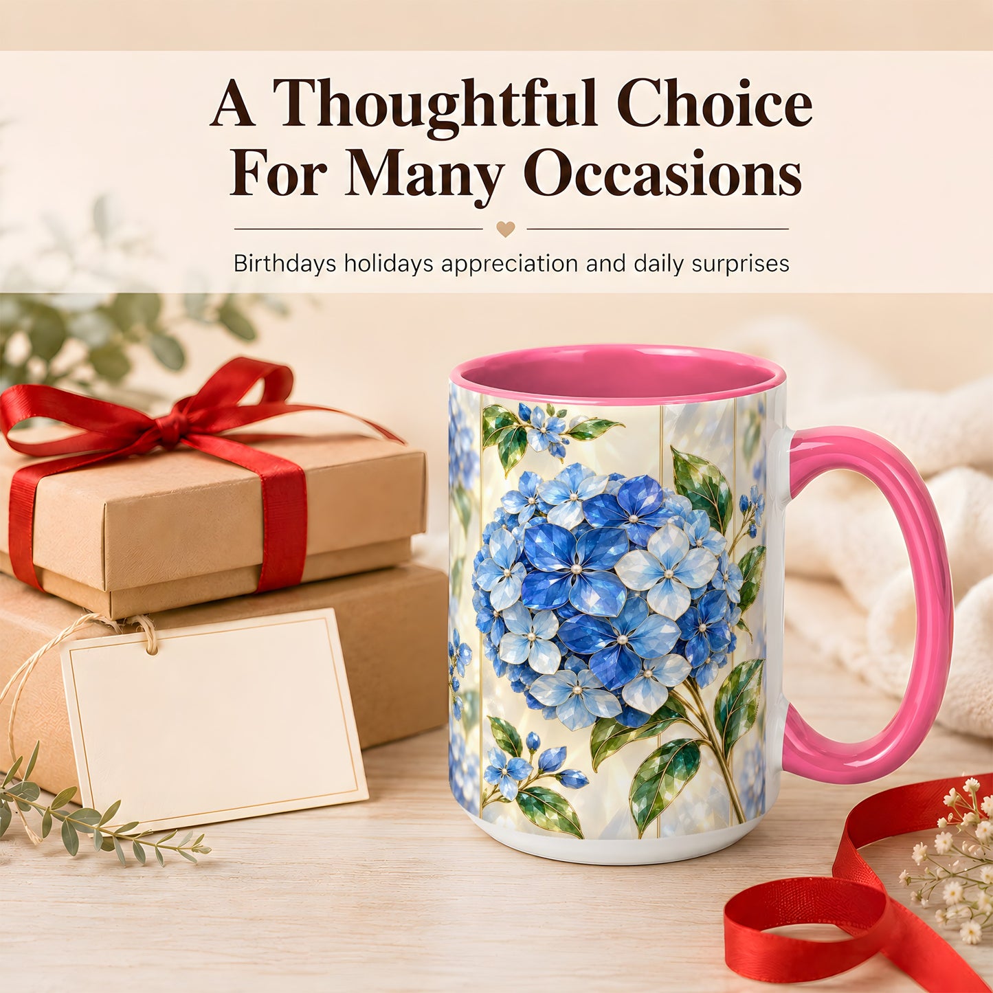 #pl[15oz|Pink] Faceted Blue Hydrangea Coffee Mug, Floral Art Mug, Ceramic Cup