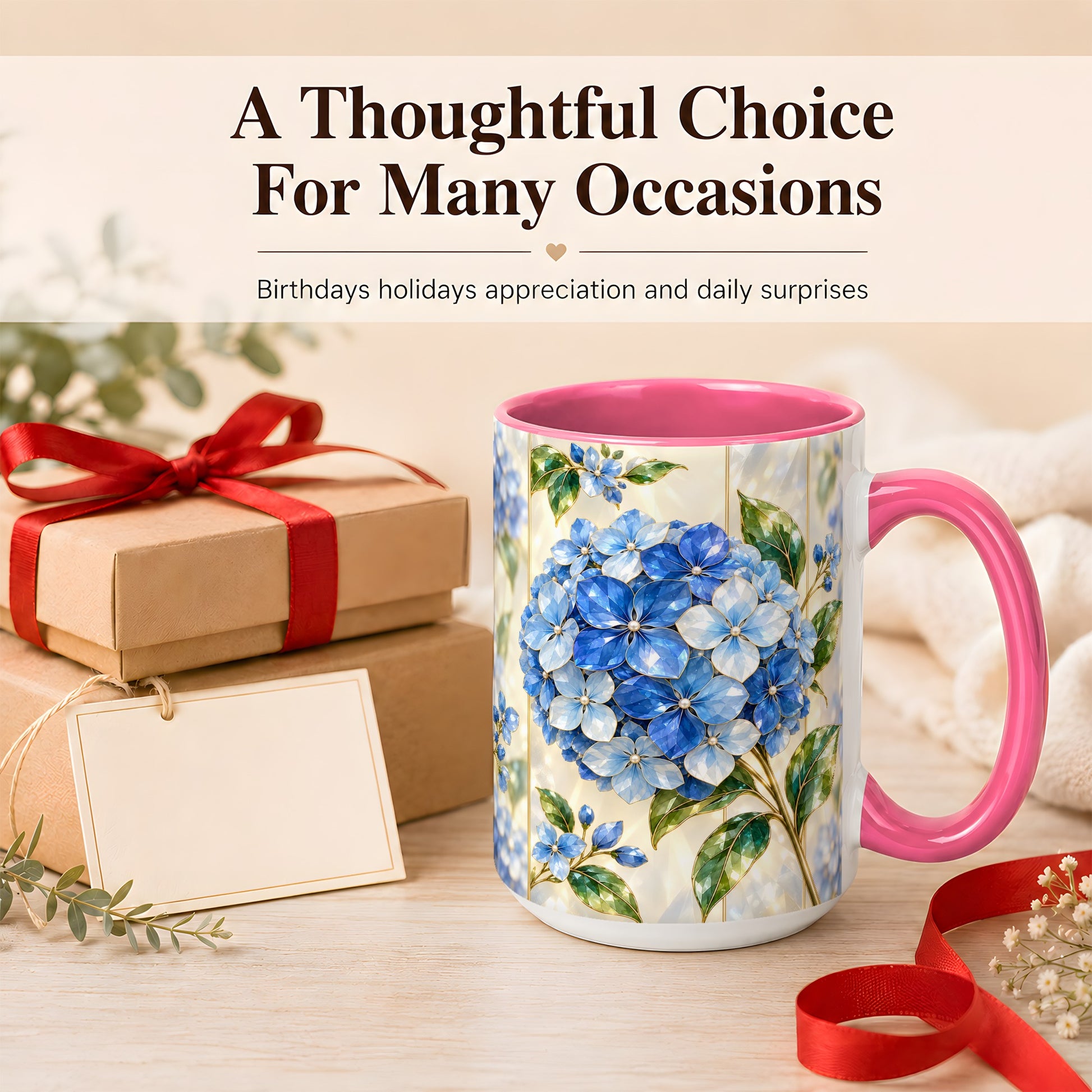 #pl[15oz|Pink] Faceted Blue Hydrangea Coffee Mug, Floral Art Mug, Ceramic Cup