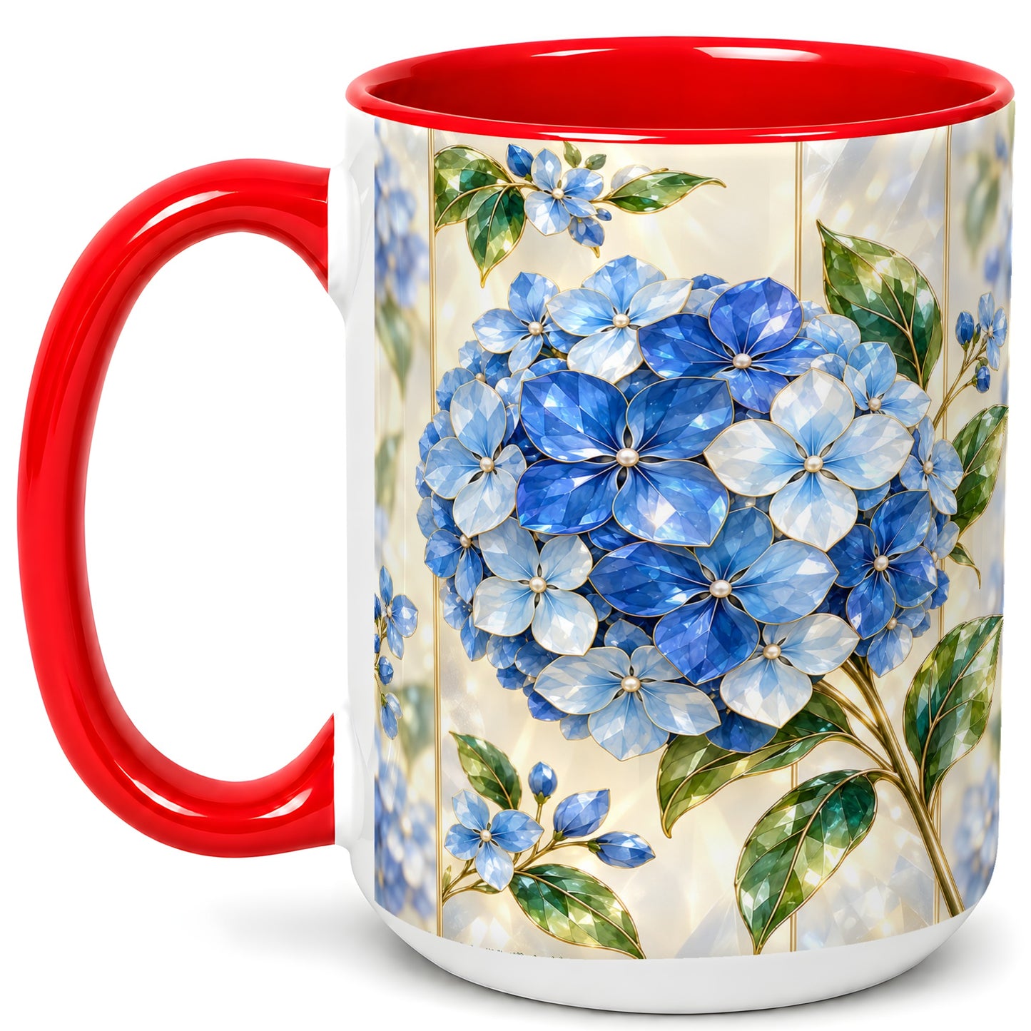 #pl[15oz|Red] Faceted Blue Hydrangea Coffee Mug, Floral Art Mug, Ceramic Cup