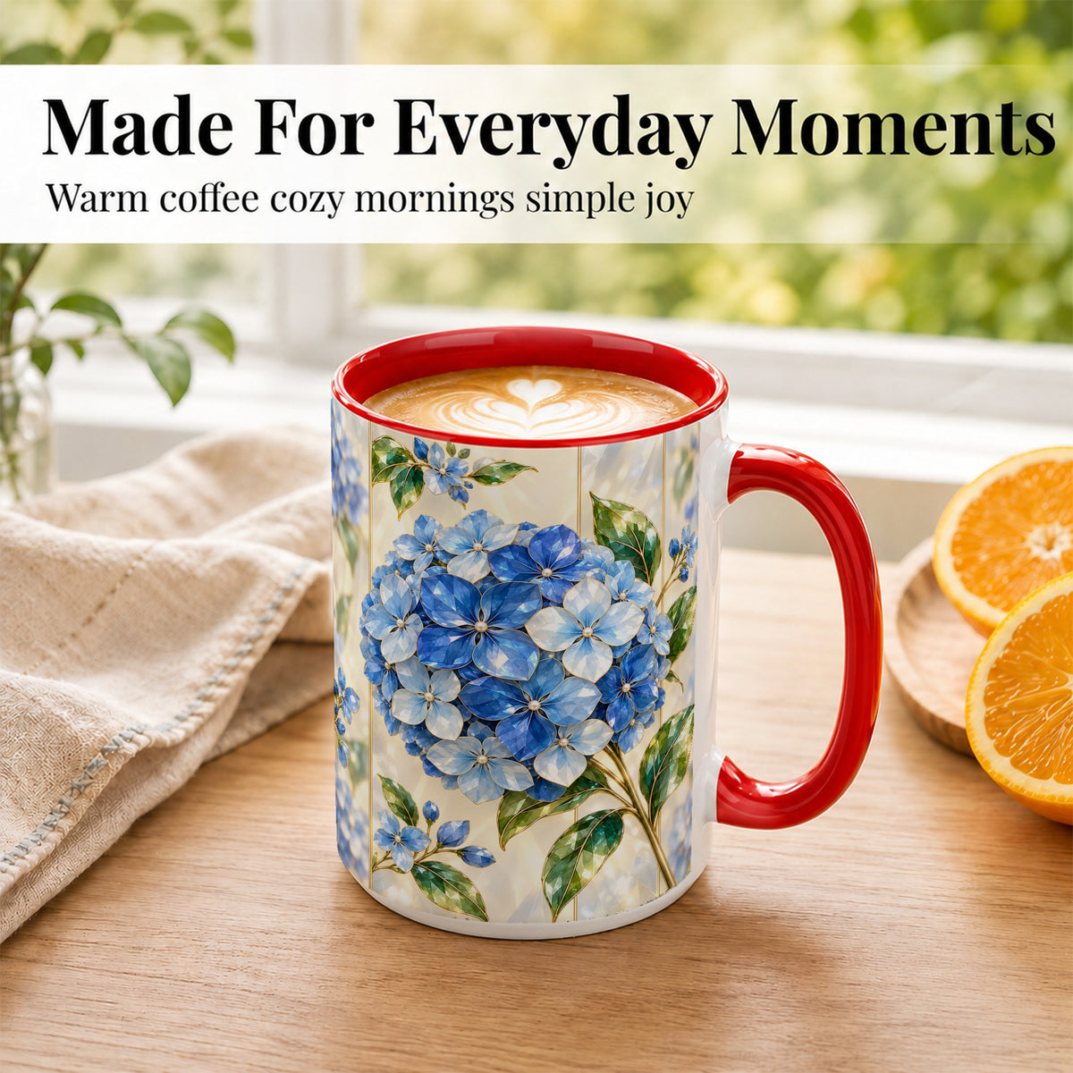#pl[15oz|Red] Faceted Blue Hydrangea Coffee Mug, Floral Art Mug, Ceramic Cup