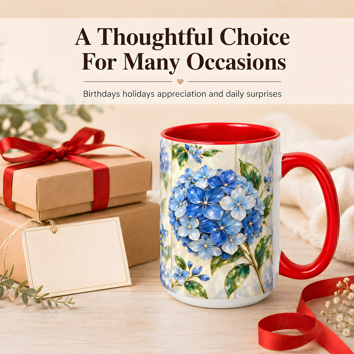 #pl[15oz|Red] Faceted Blue Hydrangea Coffee Mug, Floral Art Mug, Ceramic Cup