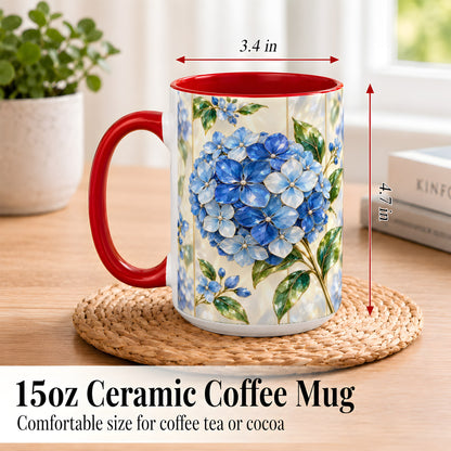 #pl[15oz|Red] Faceted Blue Hydrangea Coffee Mug, Floral Art Mug, Ceramic Cup