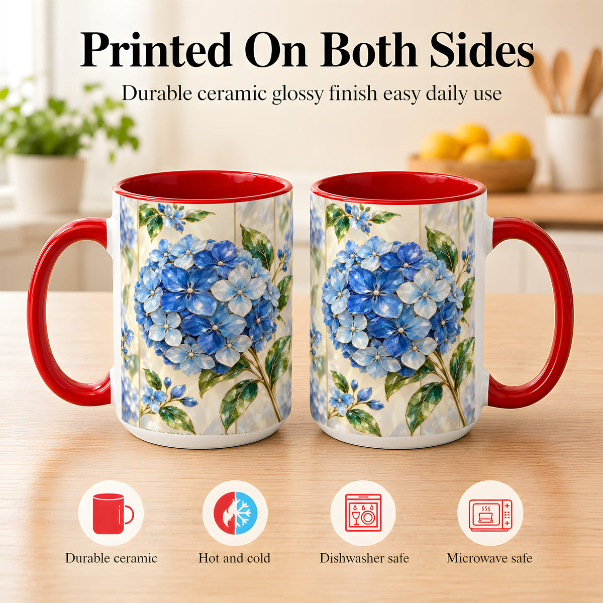 #pl[15oz|Red] Faceted Blue Hydrangea Coffee Mug, Floral Art Mug, Ceramic Cup