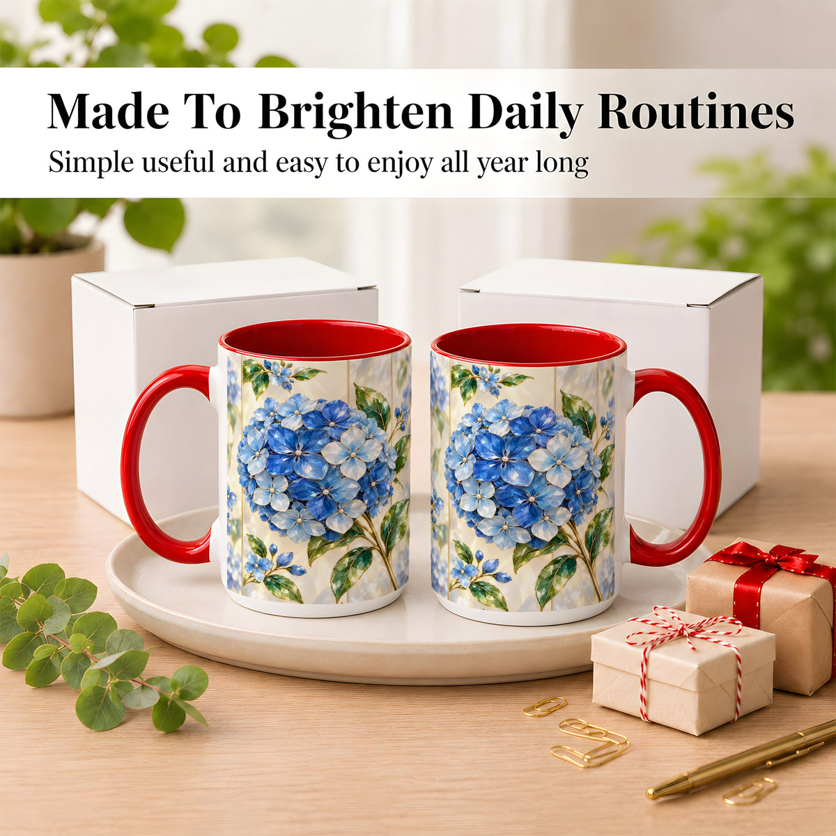 #pl[15oz|Red] Faceted Blue Hydrangea Coffee Mug, Floral Art Mug, Ceramic Cup