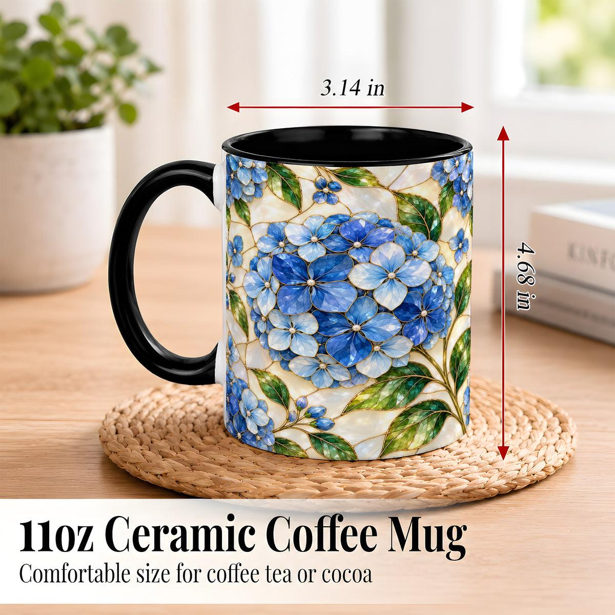 #pl[11oz|Black] Blue Hydrangea Mosaic Coffee Mug, Floral Art Mug, Ceramic Cup