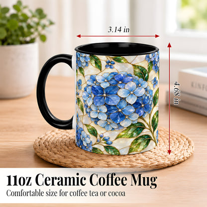 #pl[11oz|Black] Blue Hydrangea Mosaic Coffee Mug, Floral Art Mug, Ceramic Cup