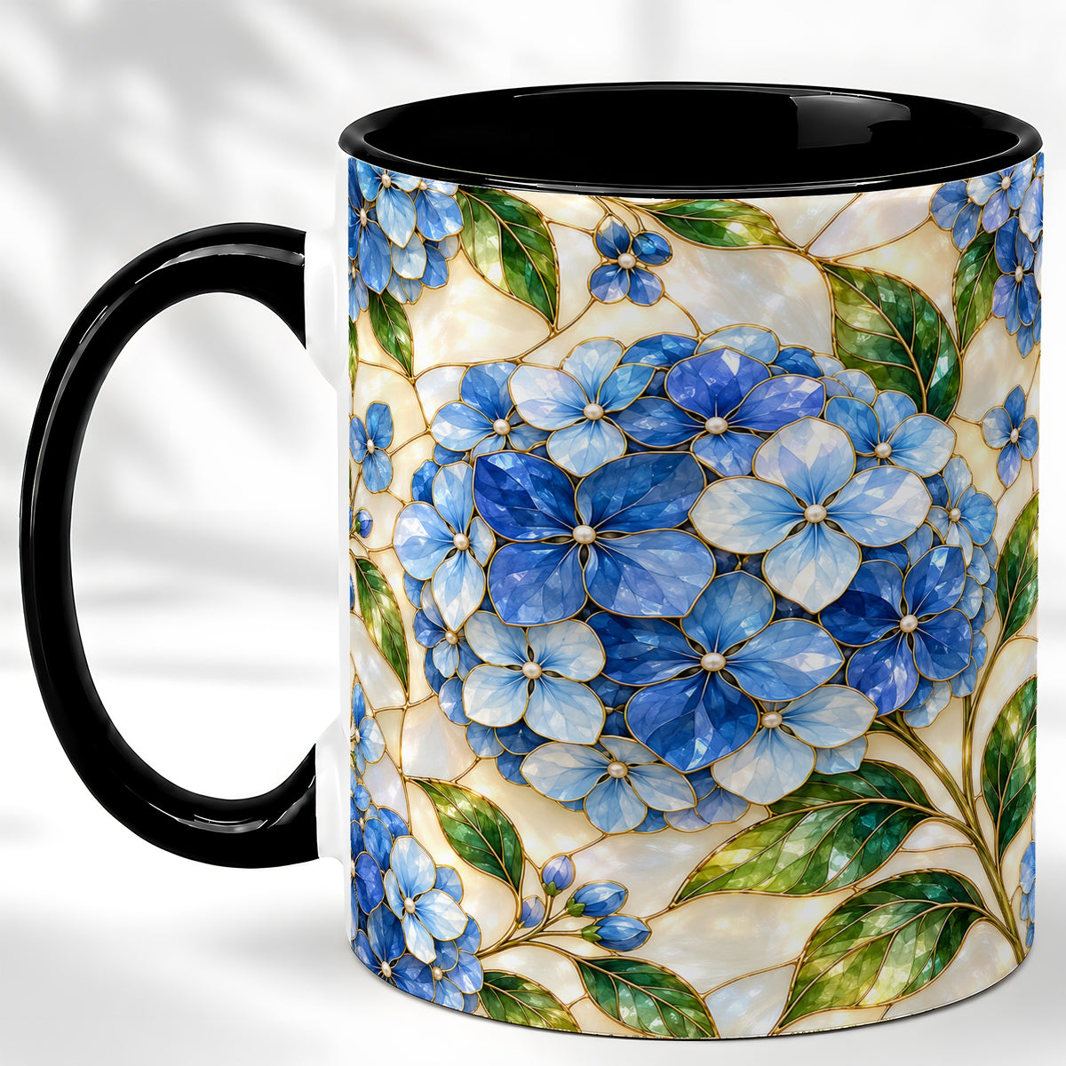 #pl[11oz|Black] Blue Hydrangea Mosaic Coffee Mug, Floral Art Mug, Ceramic Cup
