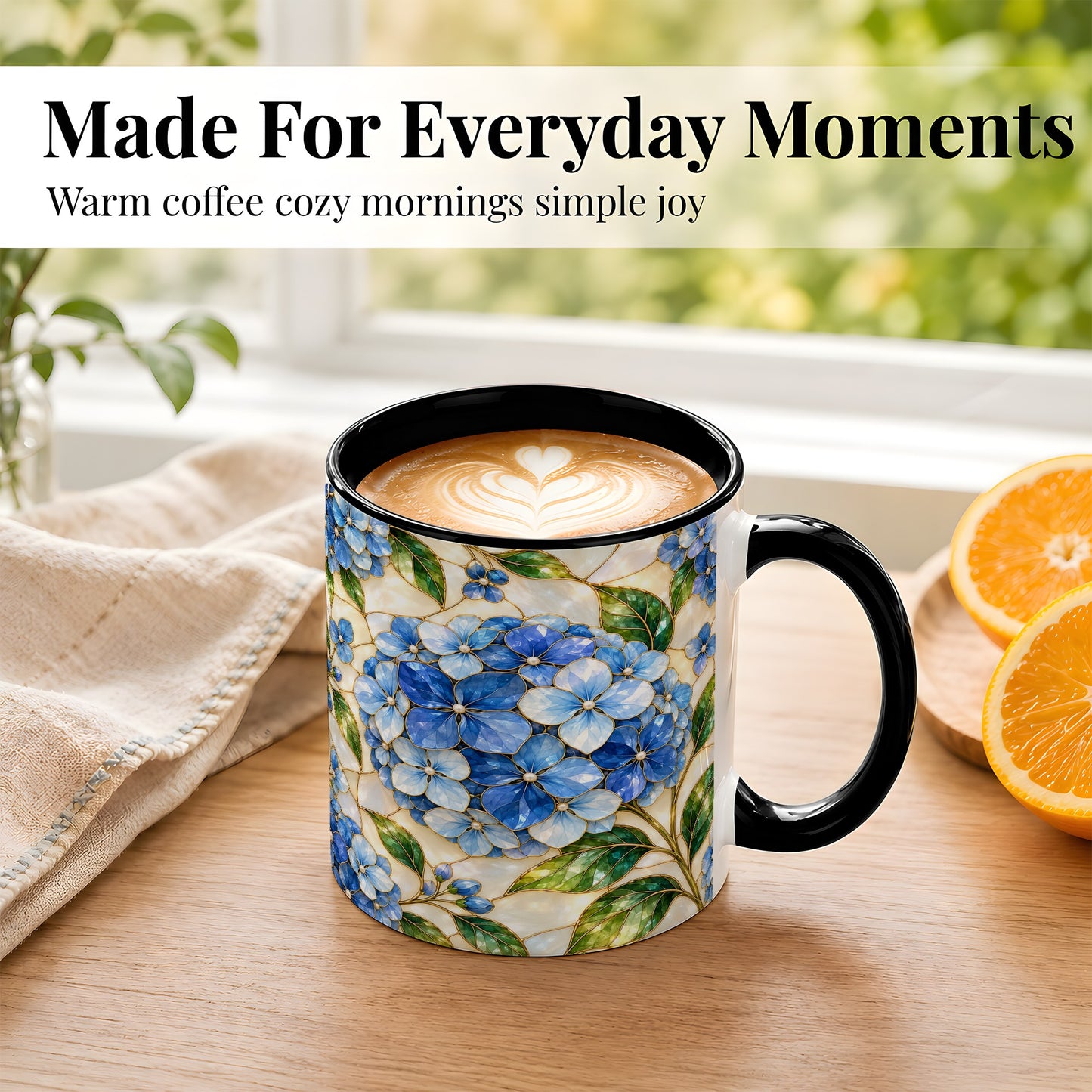 #pl[11oz|Black] Blue Hydrangea Mosaic Coffee Mug, Floral Art Mug, Ceramic Cup
